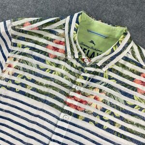Tommy Bahama RELAX Mens Button Up Shirt L White with Blue Stripes and Floral ...